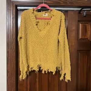 ADORA Mustard Yellow Distressed V-Neck Sweater